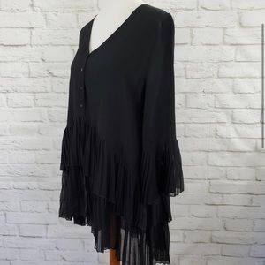 Zara Woman Drop Waist Large L Black Ruffled Tunic Top High Low Buttons V Neck L